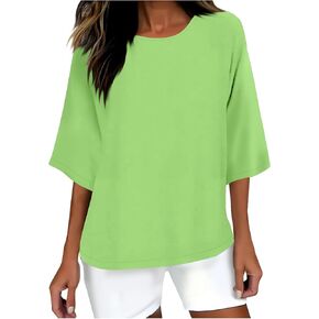 3/4 Sleeve Linen Tops for Women Loose Fit Round Neck Shirts Cotton Solid Color Summer Beach Tee Oversized Shirts