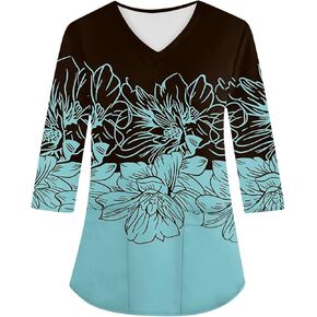 Scrubs for Women 3/4 Sleeve V Collar Care Workwear Printed Plus Size Working T-Shirts Dressy Casual Nurse Uniforms