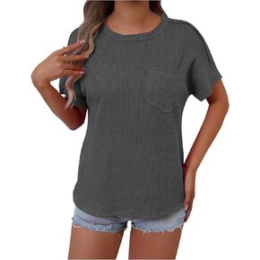 Short Sleeve Tshirts for Women Summer Waffle Knit Tops Business Work Casual Blouse Loose Fit Basic Tee with Pocket