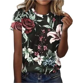Womens Dressy Tops, Fashion Casual T Shirts Short Sleeve Flower Print Round Neck Pullover Top Blouses