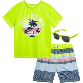Toddler Baby Boys Swim Set - 3 Piece Swim Trunks Short Sleeve Rash Guard for Boys and Sunglasses (Sizes: 12M-7)