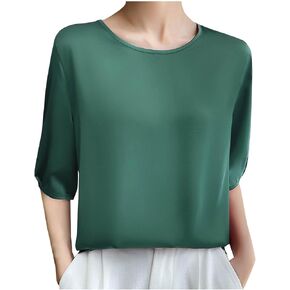 Silk Blouse for Women, Short Sleeve Silk Tops Satin Blouse Solid Tops French Collar Style Elegant Shirts in Kuwait