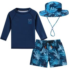 Baby Boys Swimsuit Summer Beach Rash Guard Swimwear Two Piece Sunsuit with Sun Hat