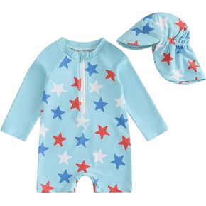 Toddler Boy 4th of July Swimsuit Popsicle/Star/Plaid Print Rashguard Sun Protection One Piece Zipper Bathing Suit