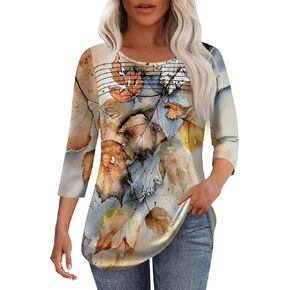 3/4 Length Sleeve Womens Tops Pleated Floral Printed Blouses Crewneck Tees Comfy Pullover Loose Trendy T Shirt