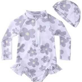 Infant Baby Boy Girls One Piece Swimsuit Long Sleeve Zipper Cartoon Swimwear Sunsuit Toddler Bathing Suits with Sun Hat