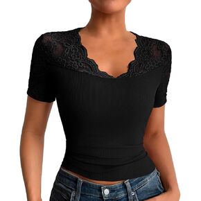 Women's Fashion Lace T-Shirts Sexy V Neck Slim Fit Short Sleeve Tops Summer Trendy Going Out Clothes in Kuwait