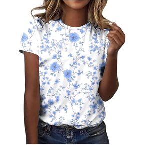 Womens Tops Dressy Casual Short Sleeve Shirts Retro Cute Floral Print Tshirt Tunic Pullover Petite Blouse 2025 Spring