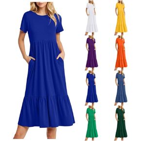 Dresses For Women 2025 Wedding Guest Long Summer Crewneck Short Sleeve Flowy Beach Vacation Dresses With Pockets