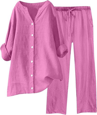Linen Outfits Women 2 Piece Summer Casual Women Lounge Sets Long Sleeve Button Down Shirt Wide Leg Pants Streetwear in Saudi Arabia