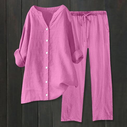 Linen Outfits Women 2 Piece Summer Casual Women Lounge Sets Long Sleeve Button Down Shirt Wide Leg Pants Streetwear in Saudi Arabia
