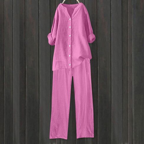 Linen Outfits Women 2 Piece Summer Casual Women Lounge Sets Long Sleeve Button Down Shirt Wide Leg Pants Streetwear in Saudi Arabia