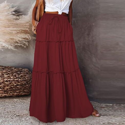 Womens Boho Tiered High Waist Tie Paisley Floral Print Long Maxi Skirt with Pockets in Saudi Arabia