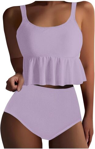 Cute Two Piece Bathing Suits Women Ruffle Hem Crop Top and High Waisted Bottom Tummy Control Swimwear Beach Bikini Set in Saudi Arabia
