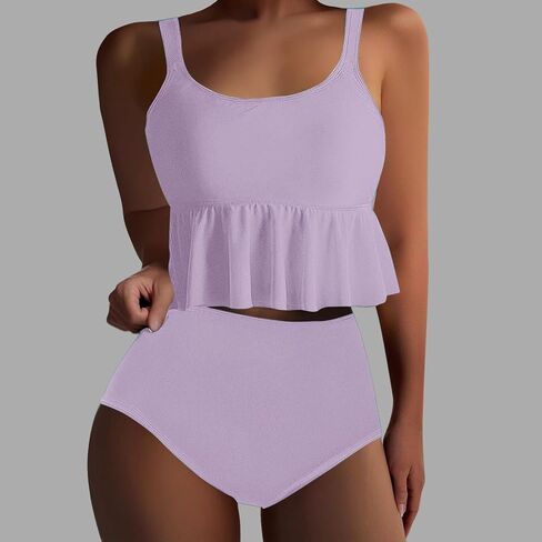 Cute Two Piece Bathing Suits Women Ruffle Hem Crop Top and High Waisted Bottom Tummy Control Swimwear Beach Bikini Set in Saudi Arabia