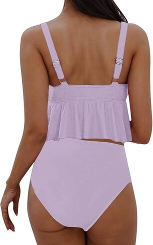 Cute Two Piece Bathing Suits Women Ruffle Hem Crop Top and High Waisted Bottom Tummy Control Swimwear Beach Bikini Set in Saudi Arabia