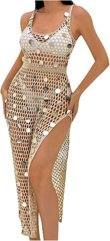 Womens Sequin Swimsuit Cover Ups Sleeveless Beach Crochet Swimwear Bathing Suit Knit Swim Dress Vacation Outfits in Kuwait