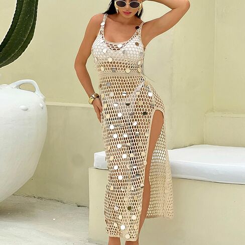 Womens Sequin Swimsuit Cover Ups Sleeveless Beach Crochet Swimwear Bathing Suit Knit Swim Dress Vacation Outfits in Kuwait