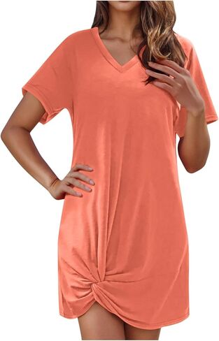 Womens Swimsuit Coverup Short Sleeve Swimwear Beach Cover Ups Sheer Twisted Hem Basic Summer V Neck Shirt Sun Dresses in Kuwait