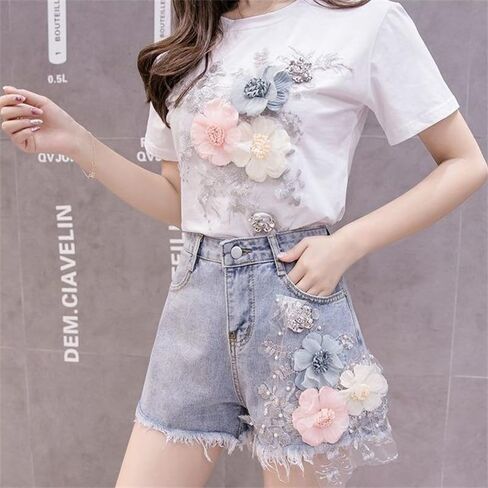 Women's 2-Piece Floral Embellished Set White T-Shirt with 3D Flowers Denim Shorts Summer Casual Outfit in Saudi Arabia