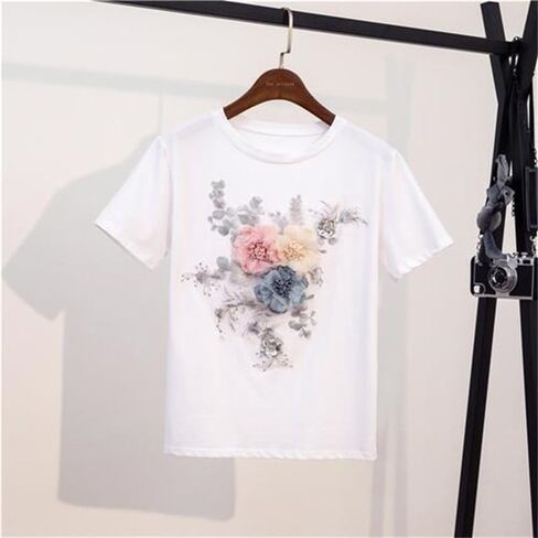 Women's 2-Piece Floral Embellished Set White T-Shirt with 3D Flowers Denim Shorts Summer Casual Outfit in Saudi Arabia