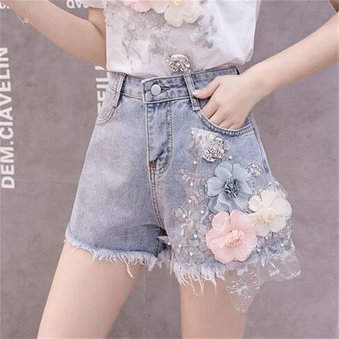 Women's 2-Piece Floral Embellished Set White T-Shirt with 3D Flowers Denim Shorts Summer Casual Outfit in Saudi Arabia