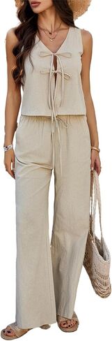 Women's 2 Piece Outfits, Summer Casual Sleeveless V Neck Front Laces Cotton Tank Tops Shirt and Wide Leg Pants Sets in Kuwait
