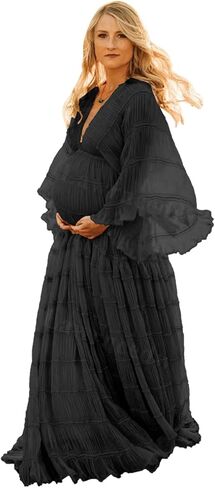Tulle Maternity Robe for Photoshoot V Neck Long Sleeve Pregnancy Baby Shower Puffy Slit Ruffle Bridal Lingerie in Saudi Arabia