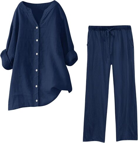 maisdgop Summer Outfits for Women Lightweight Loose 2 Piece Tracksuit Long Sleeve Button Tops with Pants Cotton Linen Sets in Saudi Arabia