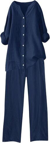 maisdgop Summer Outfits for Women Lightweight Loose 2 Piece Tracksuit Long Sleeve Button Tops with Pants Cotton Linen Sets in Saudi Arabia