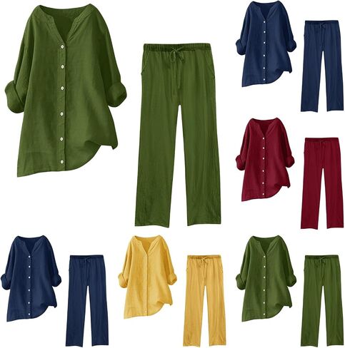maisdgop Summer Outfits for Women Lightweight Loose 2 Piece Tracksuit Long Sleeve Button Tops with Pants Cotton Linen Sets in Saudi Arabia