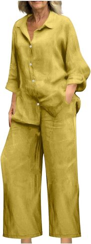 JOAU PLUS SIZE COTTON LINEN 2 قطعة للنساء زر الأكمام الطويلة LONT in Kuwait