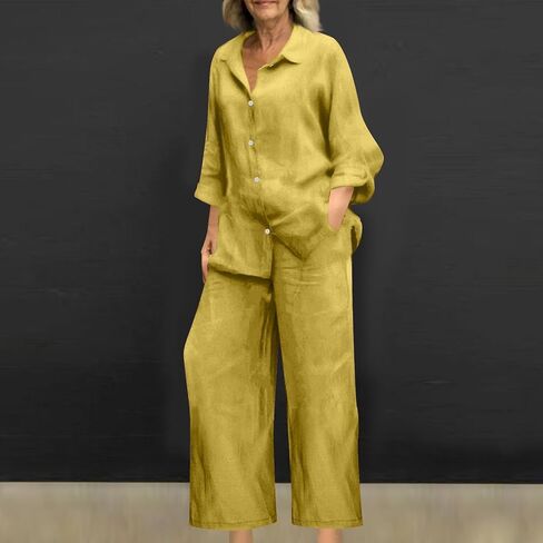 JOAU PLUS SIZE COTTON LINEN 2 قطعة للنساء زر الأكمام الطويلة LONT in Kuwait