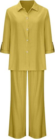 JOAU PLUS SIZE COTTON LINEN 2 قطعة للنساء زر الأكمام الطويلة LONT in Kuwait
