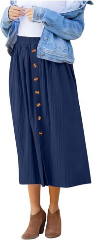 Women's Elastic High Waist Pleated A-Line Midi Skirts Dressy Casual Trendy Button Down Business Work Long Skirt in Kuwait