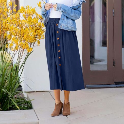 Women's Elastic High Waist Pleated A-Line Midi Skirts Dressy Casual Trendy Button Down Business Work Long Skirt in Kuwait