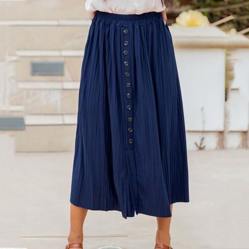 Women's Elastic High Waist Pleated A-Line Midi Skirts Dressy Casual Trendy Button Down Business Work Long Skirt in Kuwait
