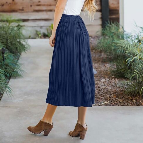 Women's Elastic High Waist Pleated A-Line Midi Skirts Dressy Casual Trendy Button Down Business Work Long Skirt in Kuwait