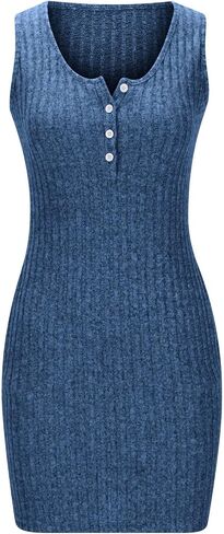 Women's V-Neck Button Sleeveless Slim Tank Dress Casual Swing Short Dresses Summer Pit Striped T-Shirt Sundress in Saudi Arabia