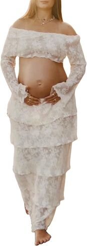Womens White Lace Maternity Maxi Skirt Sets 2 Piece Summer Outfits Off Shoulder Tops Long Skirt Pregnancy Clothes in Saudi Arabia