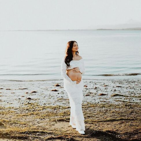 Womens White Lace Maternity Maxi Skirt Sets 2 Piece Summer Outfits Off Shoulder Tops Long Skirt Pregnancy Clothes in Saudi Arabia