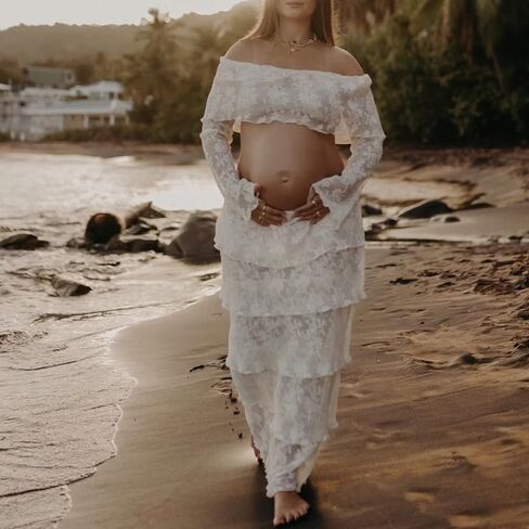 Womens White Lace Maternity Maxi Skirt Sets 2 Piece Summer Outfits Off Shoulder Tops Long Skirt Pregnancy Clothes in Saudi Arabia
