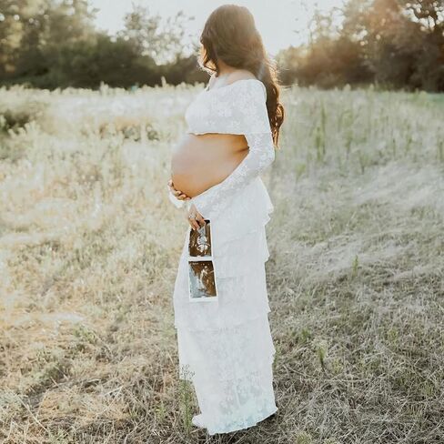 Womens White Lace Maternity Maxi Skirt Sets 2 Piece Summer Outfits Off Shoulder Tops Long Skirt Pregnancy Clothes in Saudi Arabia