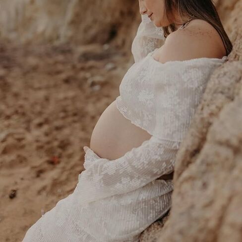 Womens White Lace Maternity Maxi Skirt Sets 2 Piece Summer Outfits Off Shoulder Tops Long Skirt Pregnancy Clothes in Saudi Arabia