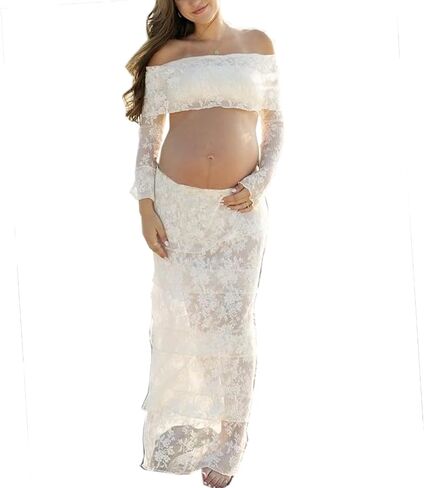 Womens White Lace Maternity Maxi Skirt Sets 2 Piece Summer Outfits Off Shoulder Tops Long Skirt Pregnancy Clothes in Saudi Arabia