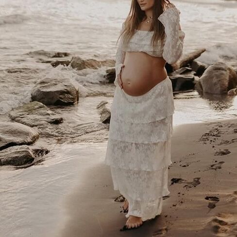 Womens White Lace Maternity Maxi Skirt Sets 2 Piece Summer Outfits Off Shoulder Tops Long Skirt Pregnancy Clothes in Saudi Arabia