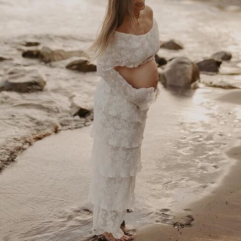 Womens White Lace Maternity Maxi Skirt Sets 2 Piece Summer Outfits Off Shoulder Tops Long Skirt Pregnancy Clothes in Saudi Arabia