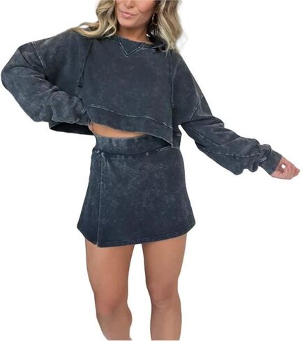 New Lounge Washed Hoodie Skirt Set,Lounge Long Sleeve Skort Set,Mini Skirt Sets Women 2 Piece Outfits in Saudi Arabia