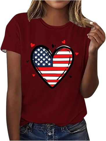 4th of July Shirts for Women Short Sleeve Patriotic Tops Heart American Flag USA Star Stripes Red White Blue Tee in Saudi Arabia