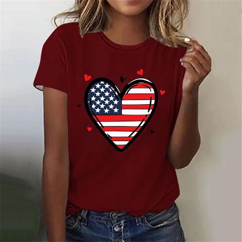 4th of July Shirts for Women Short Sleeve Patriotic Tops Heart American Flag USA Star Stripes Red White Blue Tee in Saudi Arabia